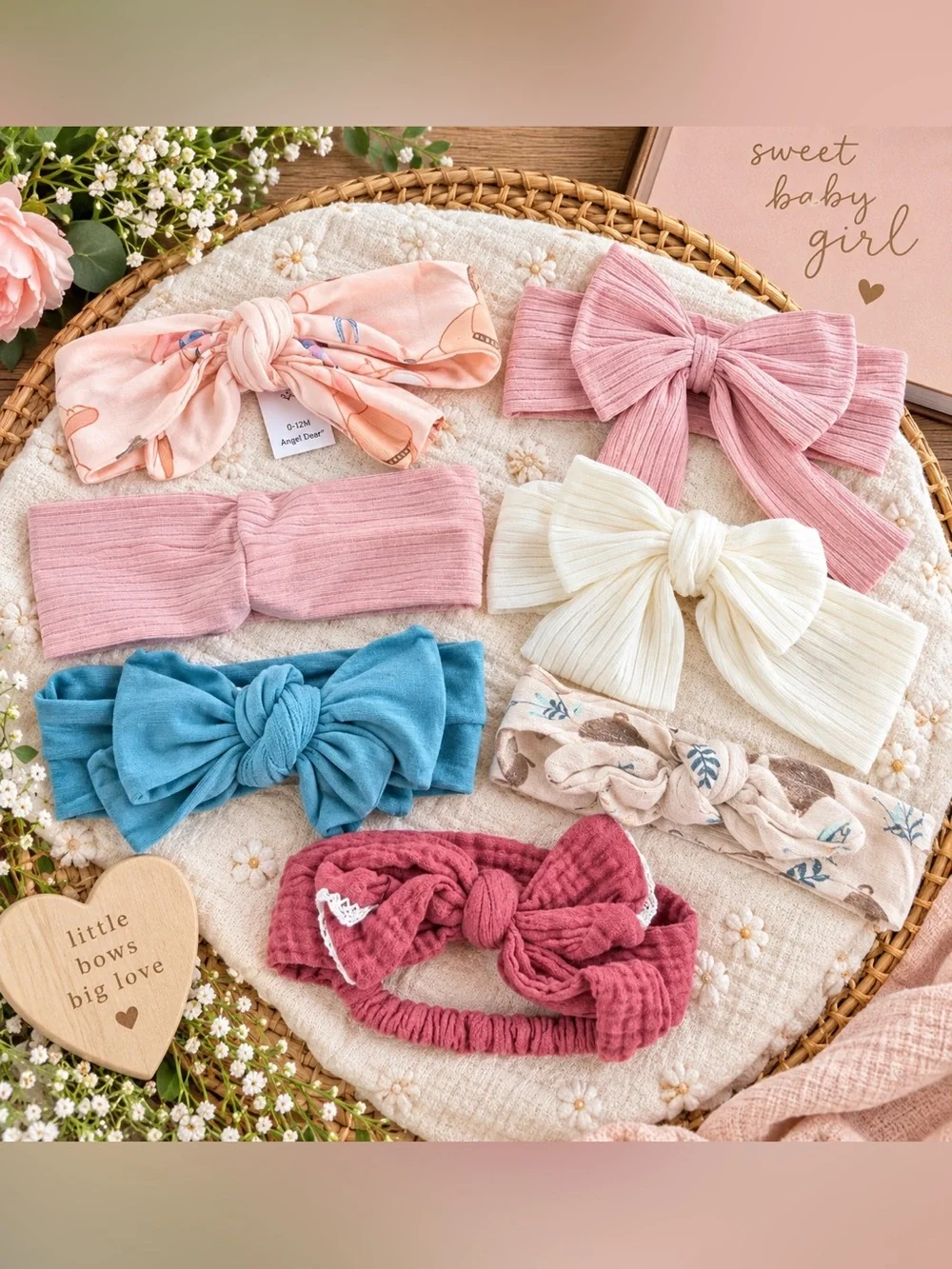 Angel Dear Baby Girl Headband Bow Bundle 0-12M Bamboo Muslin Pink Floral 7 Pc